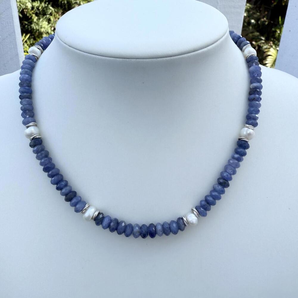 Tanzanite and baroque pearl necklace with sterling silver accents, handmade.